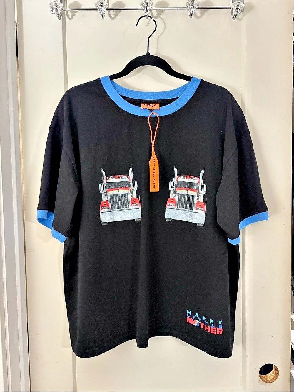 Happy Little Mother Trucker Ringer T-Shirt Black & Blue Medium